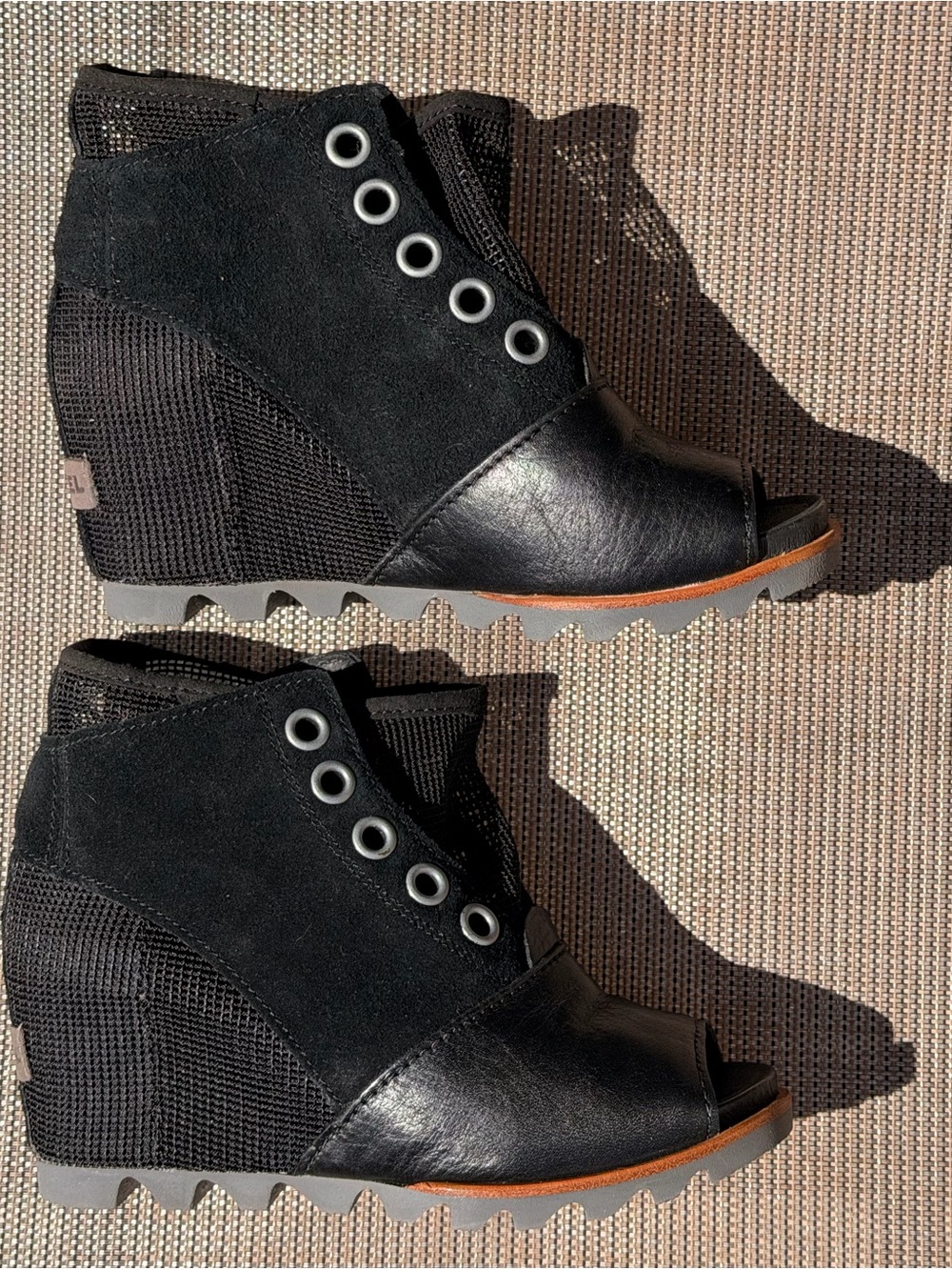 Sorel Joanie Mesh Black Open-Toe Wedge Booties